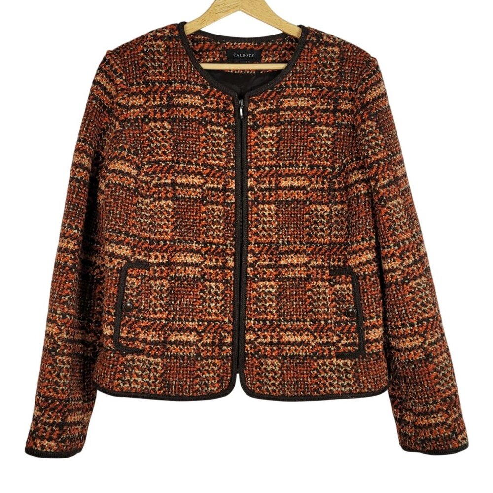 Talbots Wool Blend Tweed Jacket Brown SZ 14 Zip Career Lined Pockets Collarless